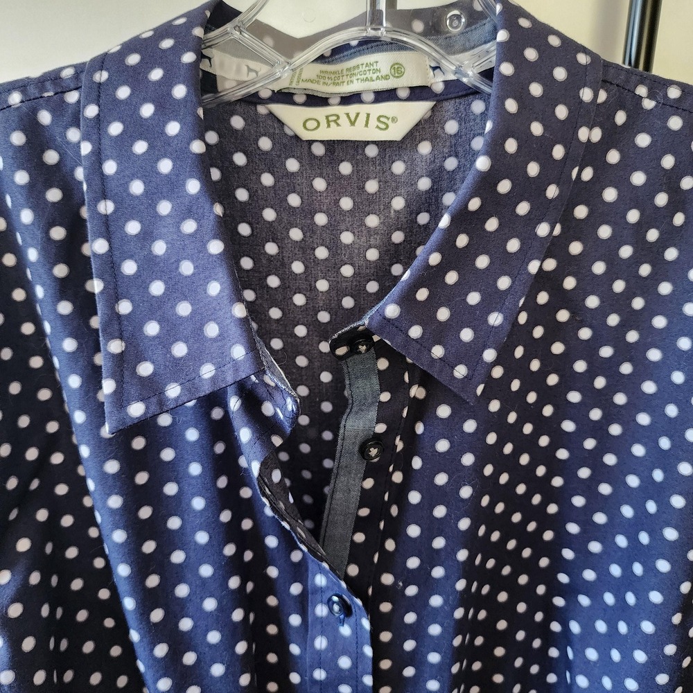 16 Orvis Button Up Top 100% Cotton Polka Dot Long Sleeve Collared Top